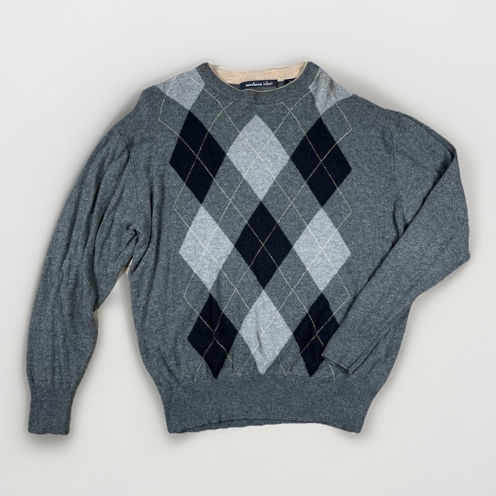 Vintage Northern Isles Sweater Men's Size XXL Gray Silk Cashmere Diamond‎ Argyle